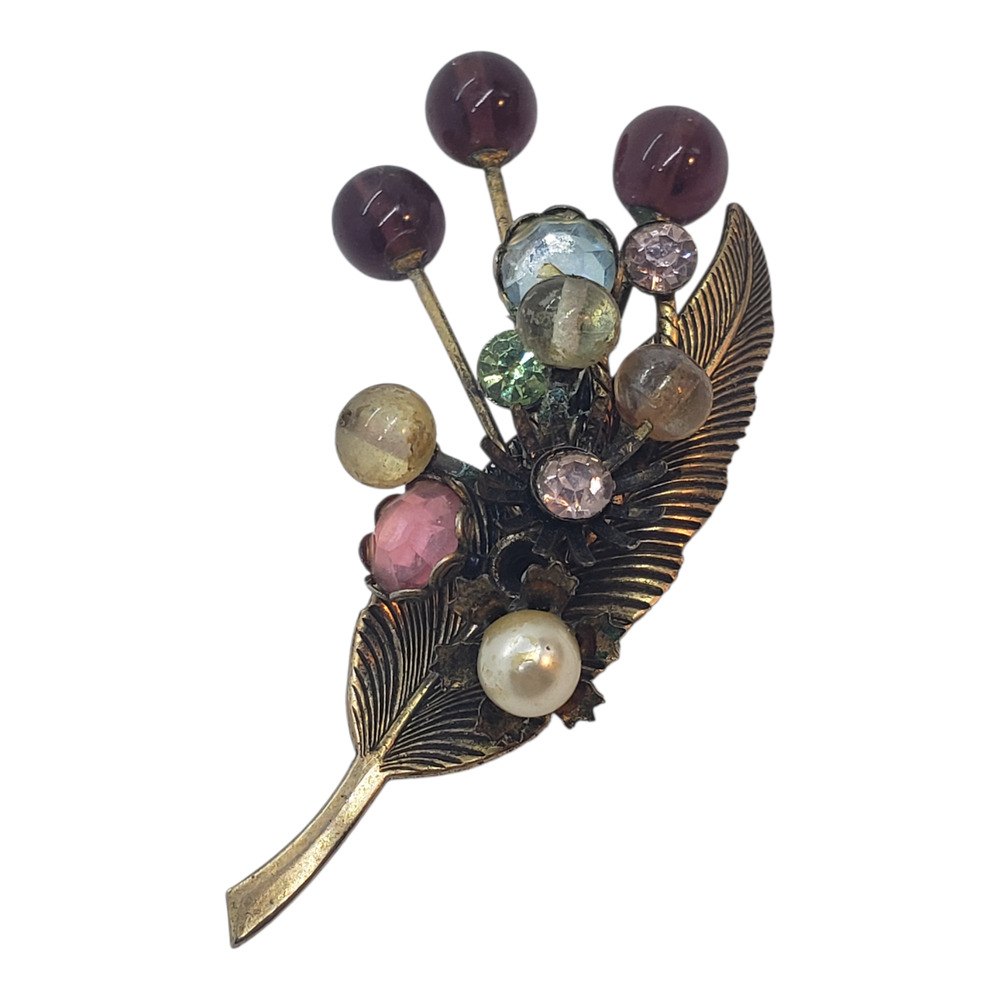 Vintage Hobe Brooch Ornate Art Glass Faux Pearl Rhinestone Leaf Bouquet Pin